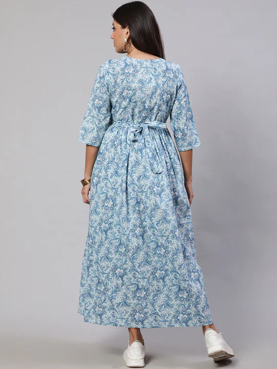 Light Blue printed Cotton Maternity Dress