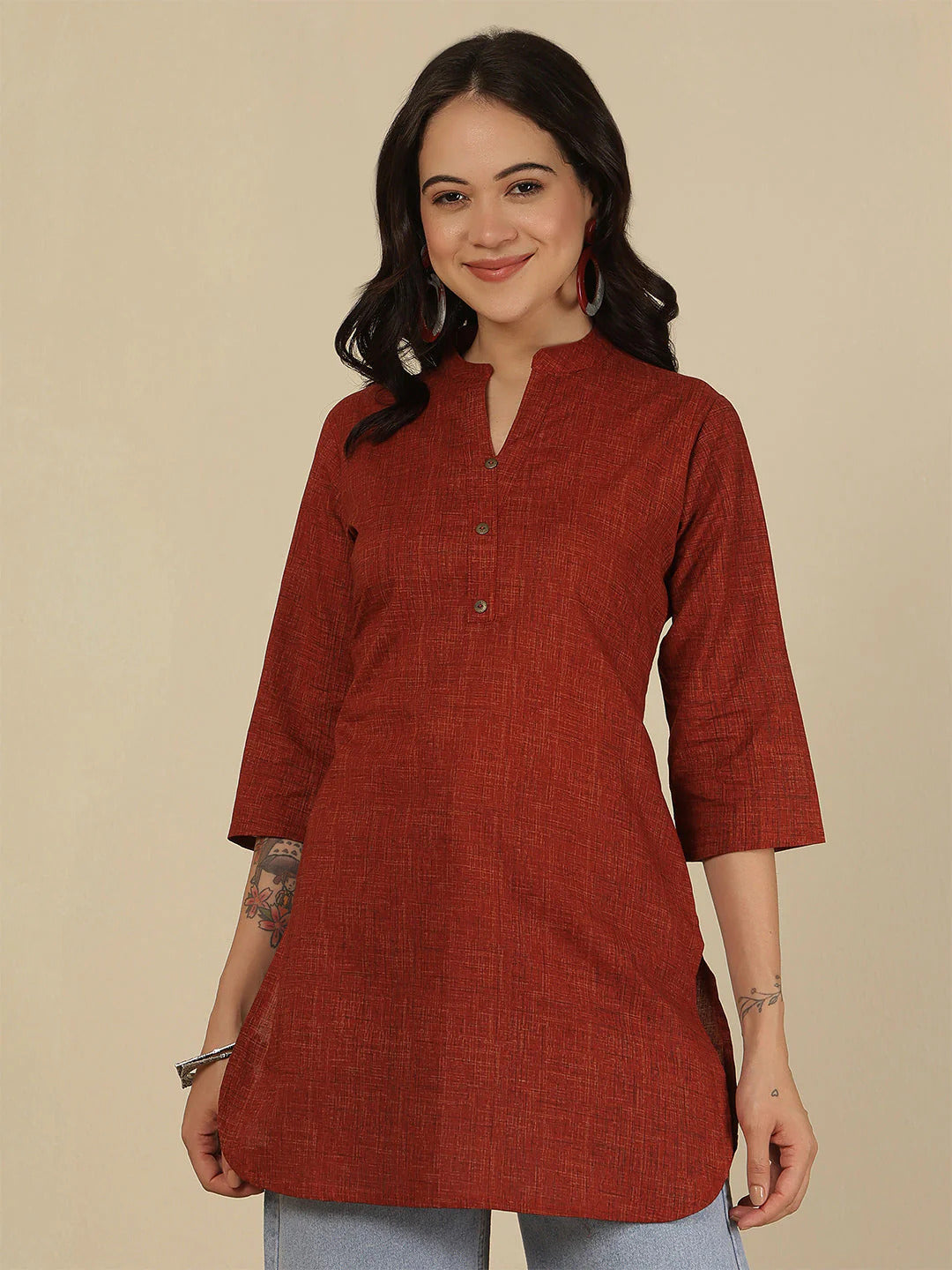 Maroon Printed Soft Cotton Short Kurti Top