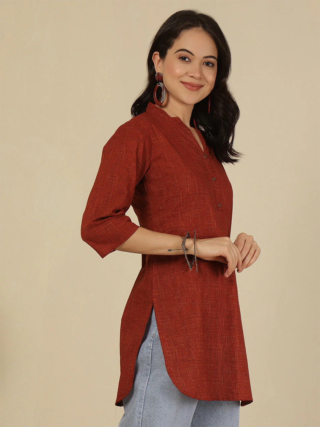 Maroon Printed Soft Cotton Short Kurti Top