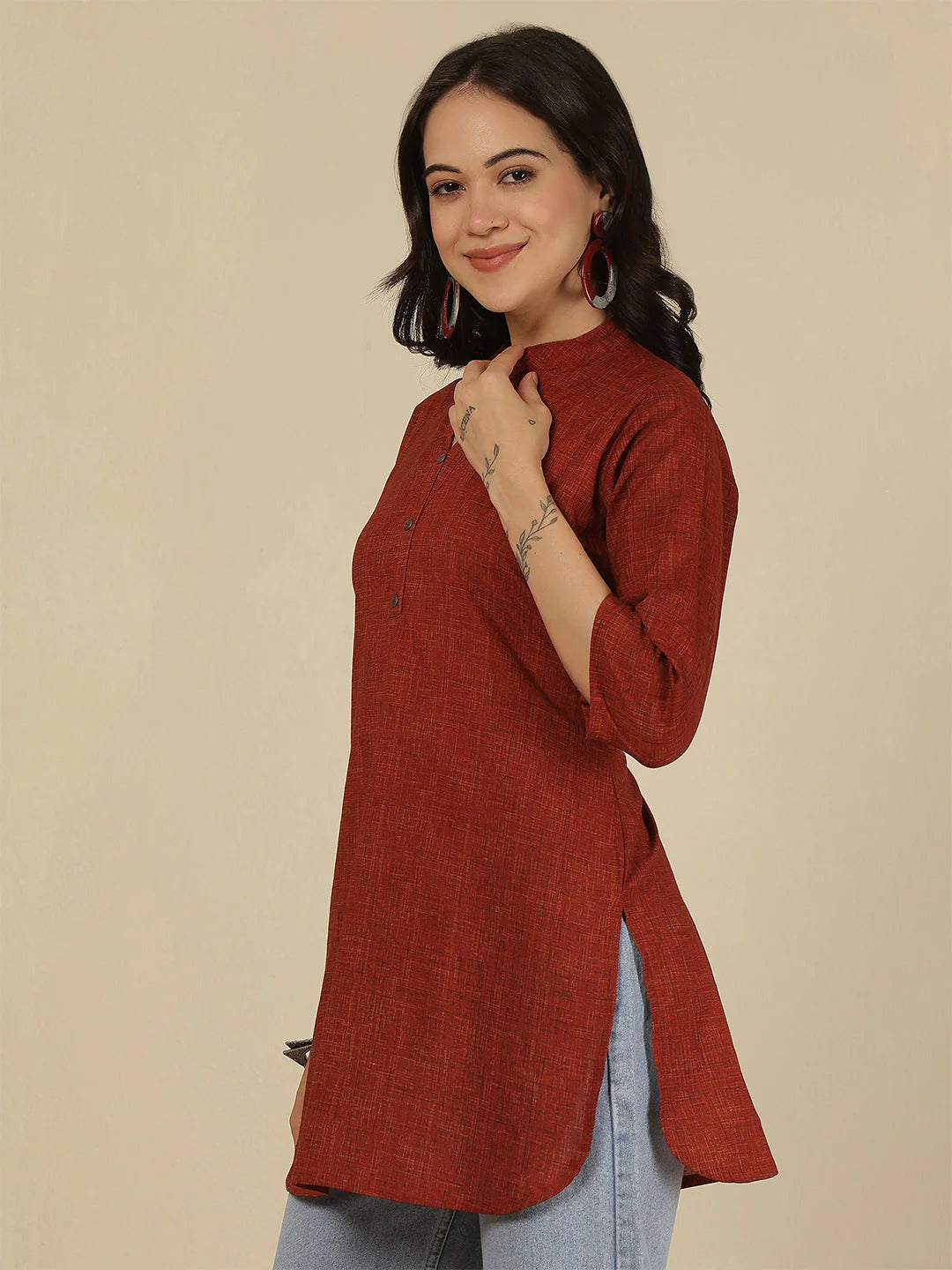 Maroon Printed Soft Cotton Short Kurti Top