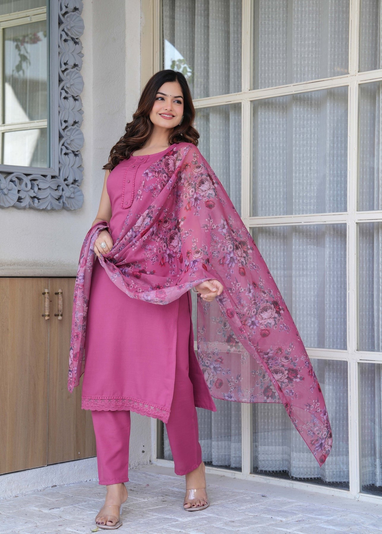 Mauve Solid Kurti Pants with Printed Dupatta