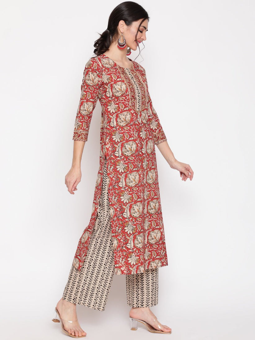 Beige & Maroon Printed cotton Kurti Set