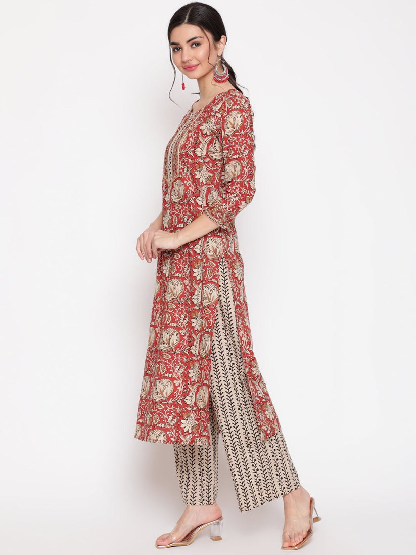 Beige & Maroon Printed cotton Kurti Set