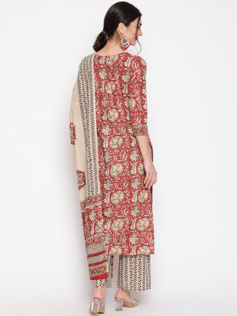 Beige & Maroon Printed cotton Kurti Set