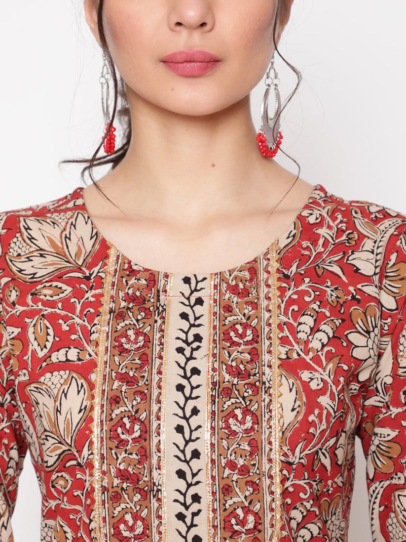 Beige & Maroon Printed cotton Kurti Set
