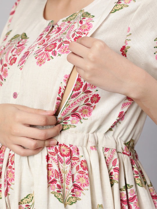 Off White Block printed Cotton Maternity Dress