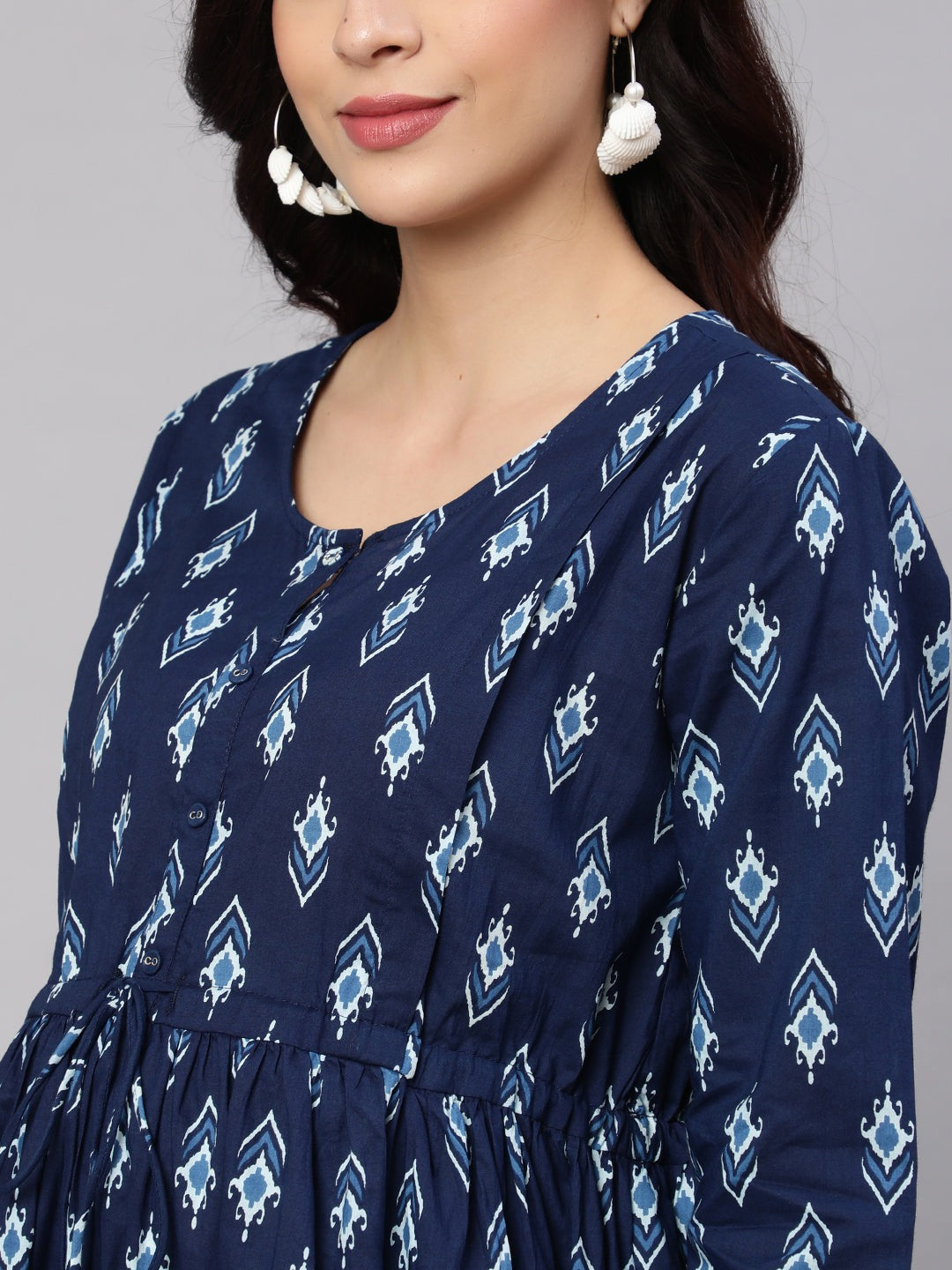 Navy Blue printed Cotton Maternity Dress