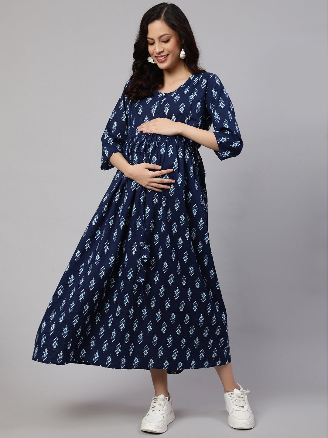 Navy Blue printed Cotton Maternity Dress nate life Navy Blue printed Cotton Maternity Dress nate life