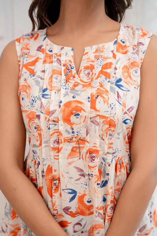 Off White Peach Cotton Floral Printed Top