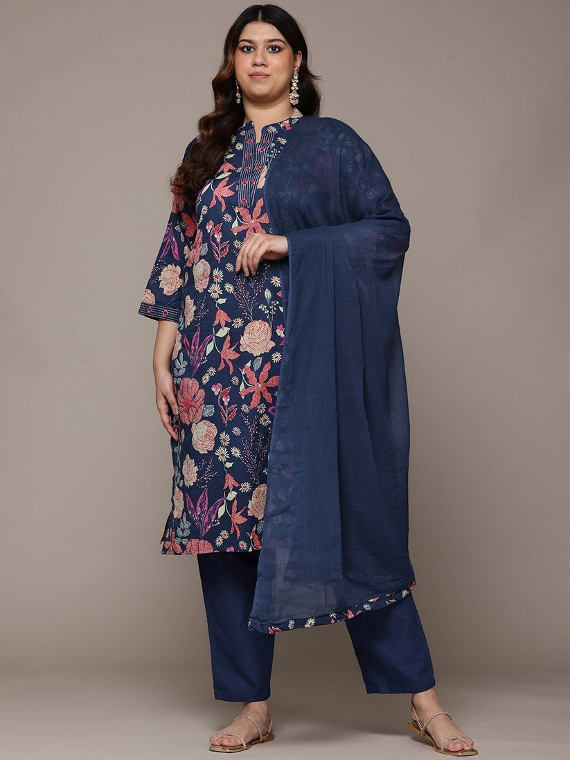 Plus Size Navy Blue Floral Printed Pure Cotton Kurta Palazzo Set With Dupatta
