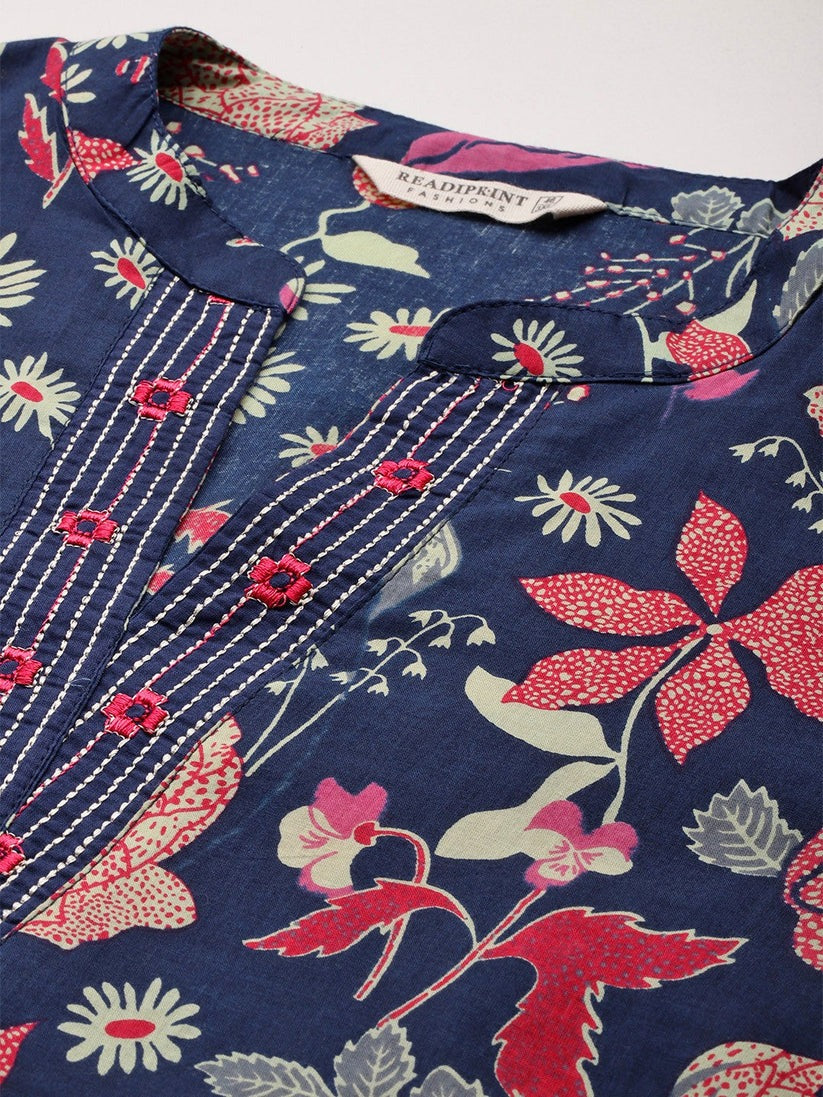 Plus Size Navy Blue Floral Printed Pure Cotton Kurta Palazzo Set With Dupatta