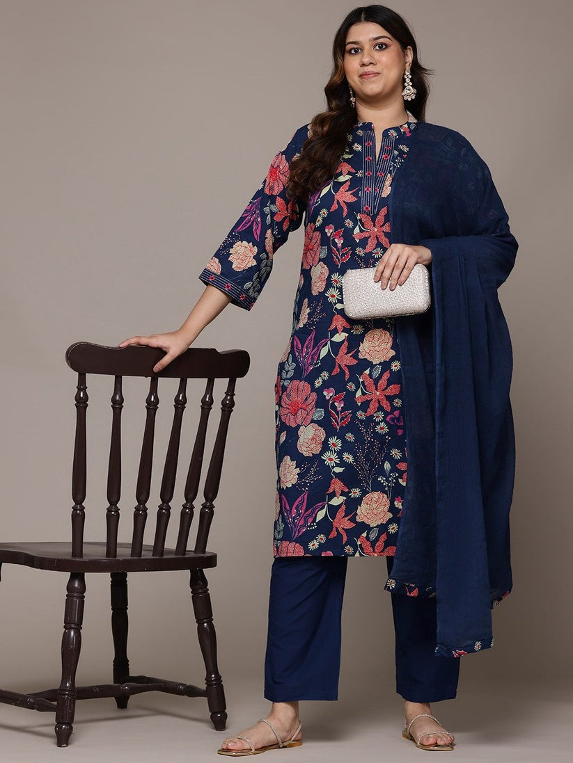 Plus Size Navy Blue Floral Printed Pure Cotton Kurta Palazzo Set With Dupatta