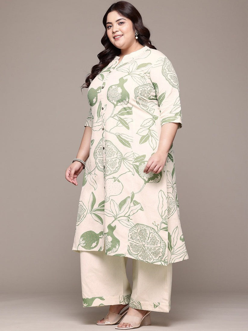 Plus Size Green & Off White Floral Printed Pure Cotton Kurta Palazzo Set With Dupatta