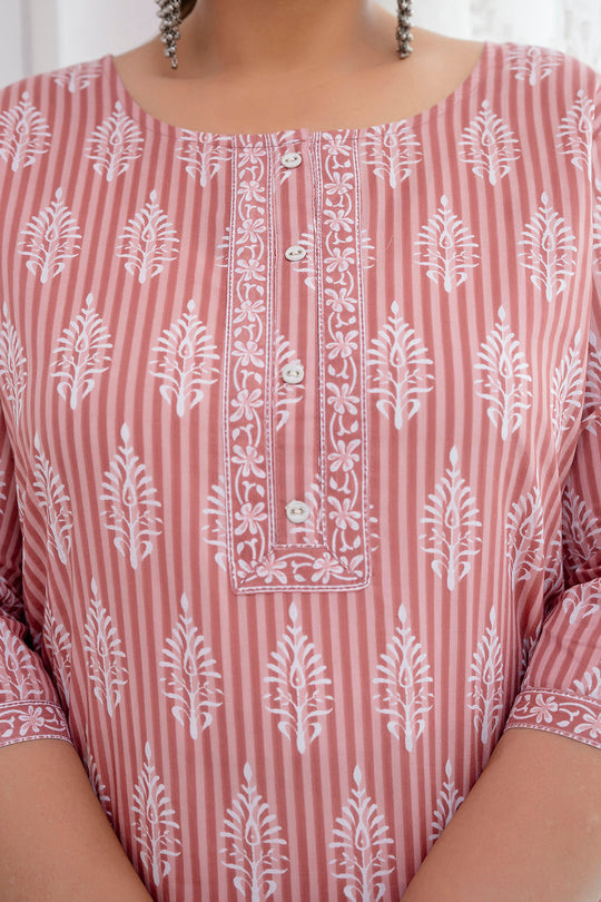 Plus size Pink & White Pure Cotton Printed Kurti Top (Top Only)