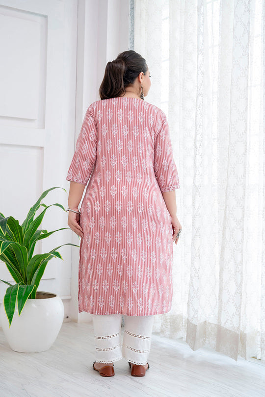 Plus size Pink & White Pure Cotton Printed Kurti Top (Top Only)
