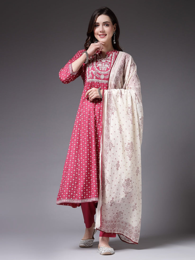 White & Magenta Block Printed RayonAnarkali kurti Pants with dupatta