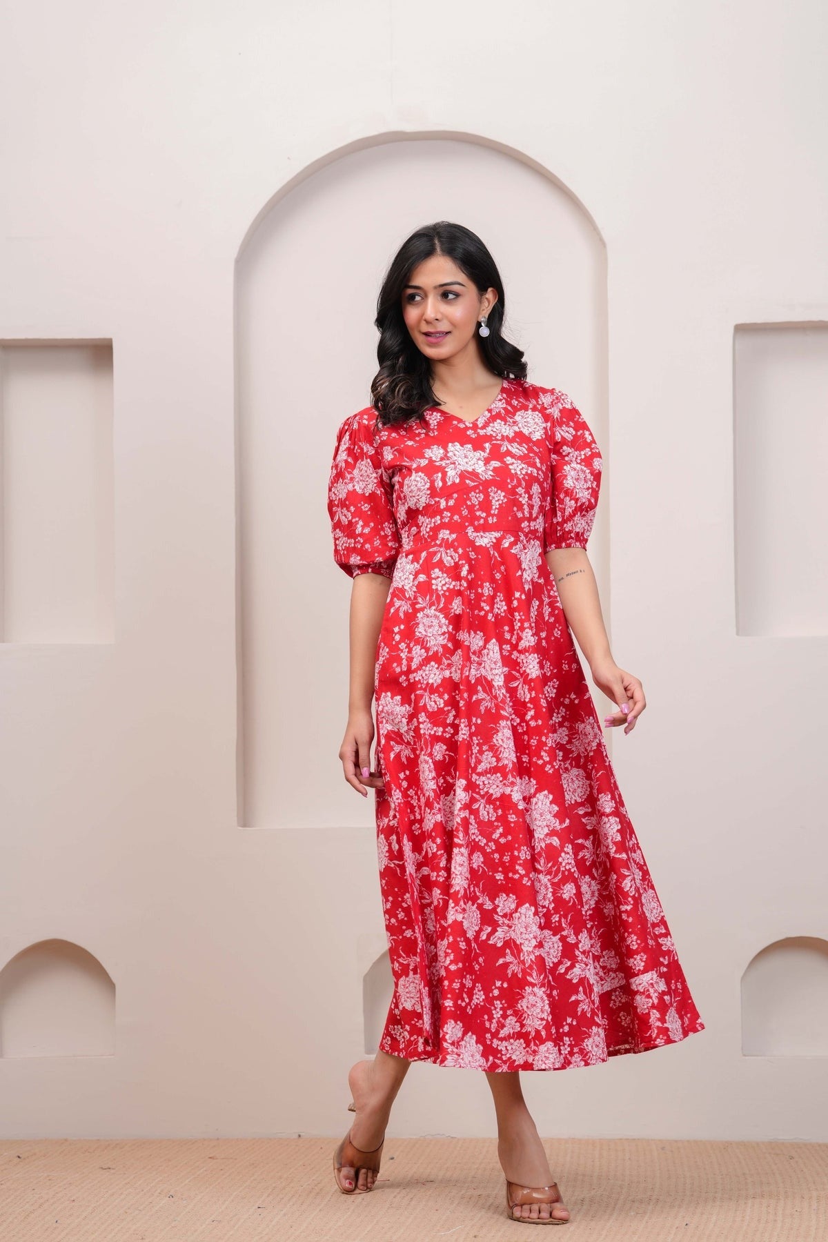 Red Floral printed Cotton Dress