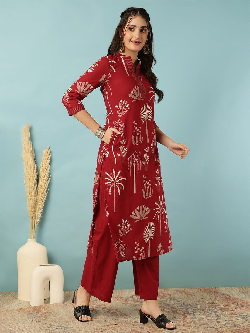 Red Printed Rayon Kurti Palazo Set