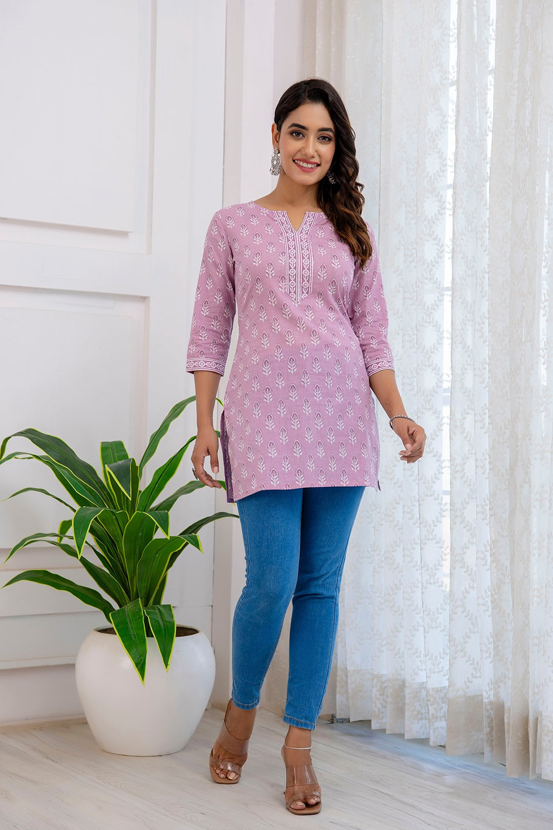 Light Purple Printed Soft Cotton Short Kurti Top