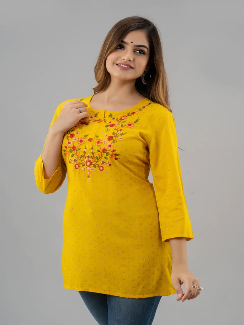 Mustard Yellow Yoke embroidered Rayon short kurti Top
