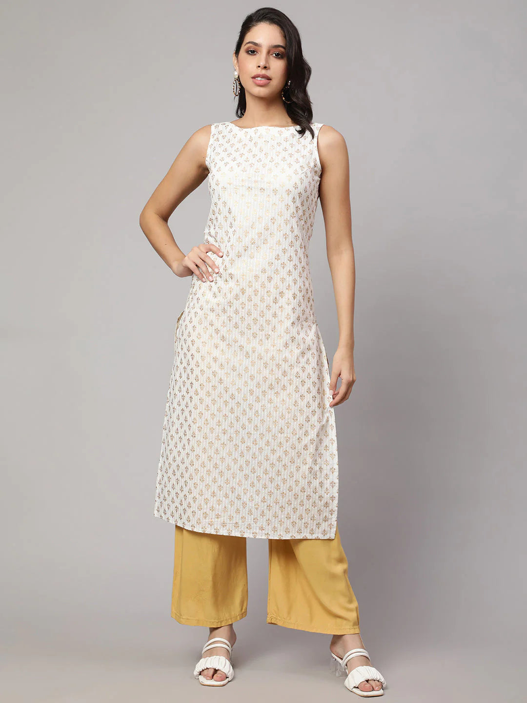 Off White Gold Foil Printed Cotton Kurti Top