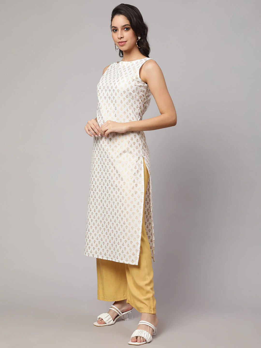 Off White Gold Foil Printed Cotton Kurti Top