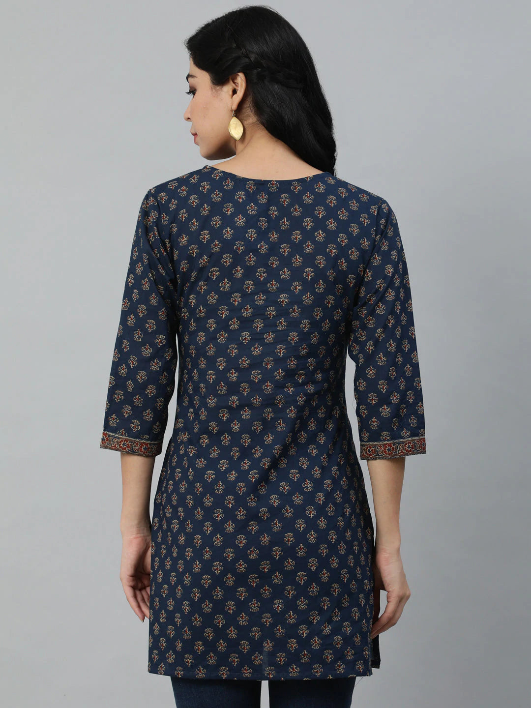 Navy Blue Classic Cotton Printed Short Kurti Top