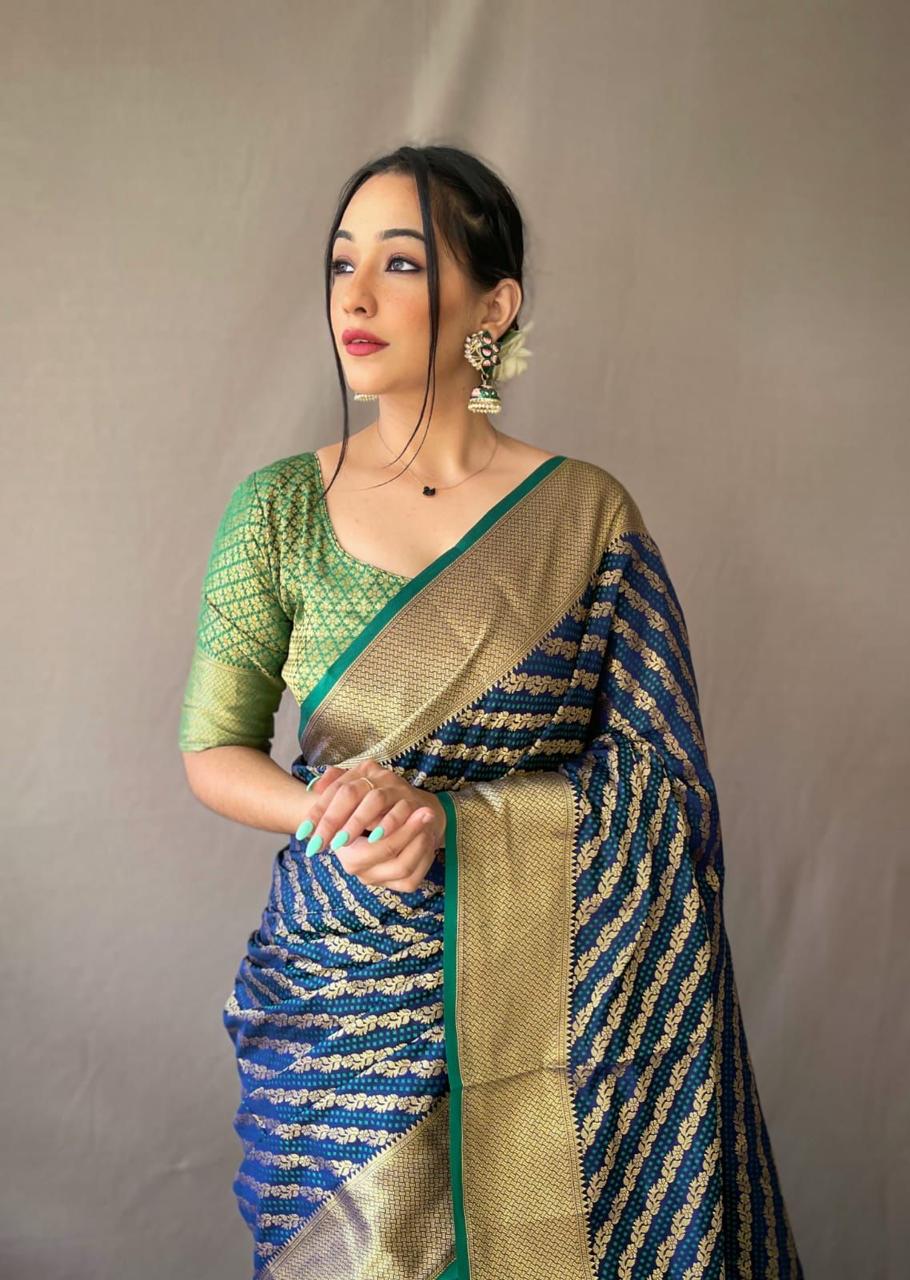 Peacock Blue & Green Banarasi Gold Zari Weaved Saree