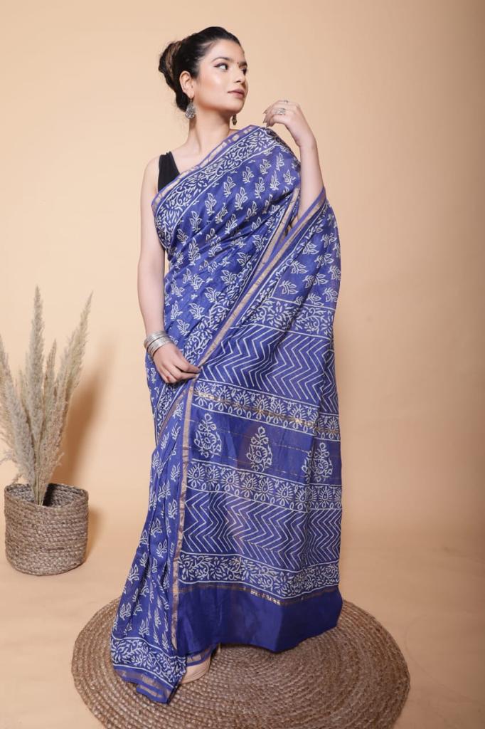 Royal Blue Pure Chanderi Saree