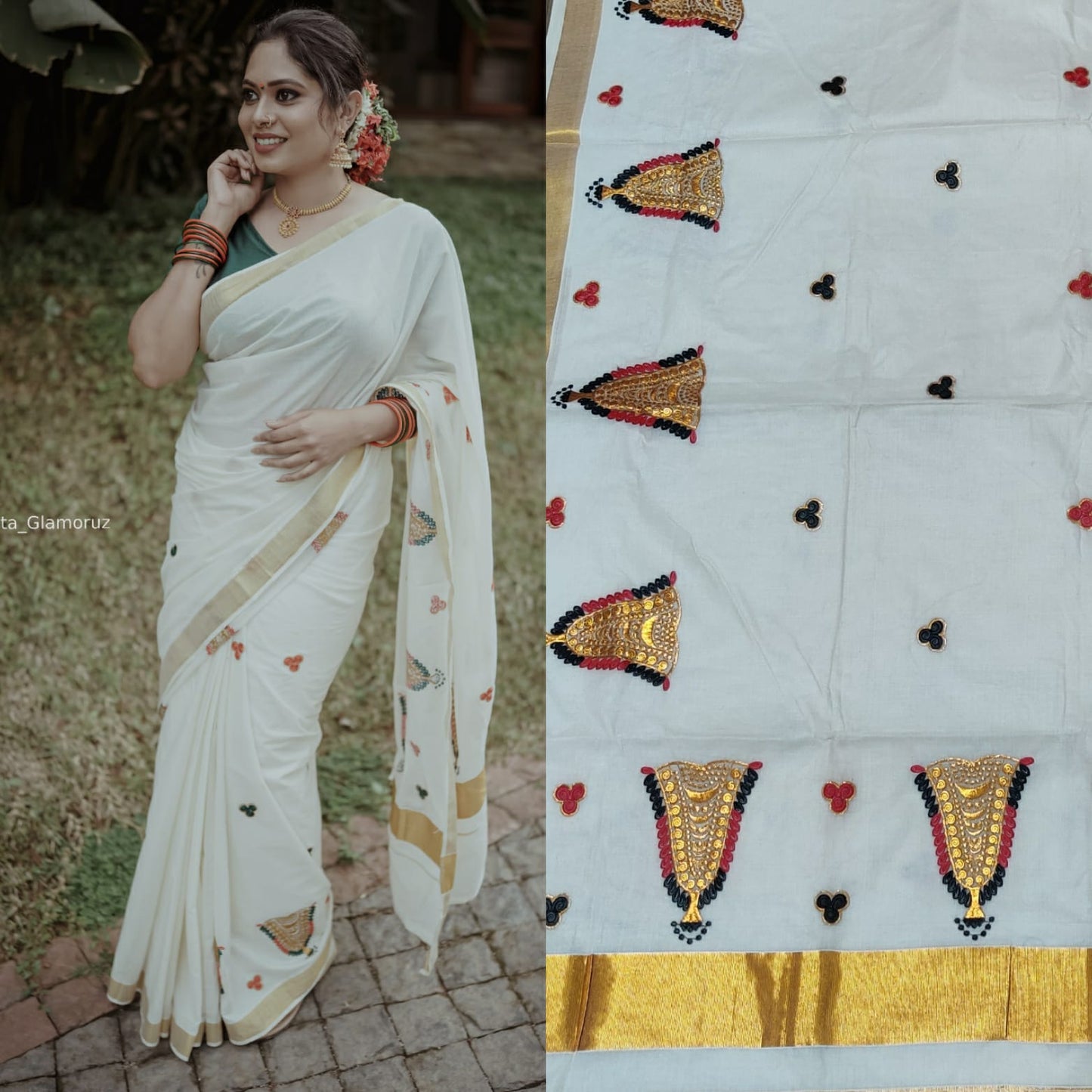 Cotton Saree with Gold Zari Border & Embroidery