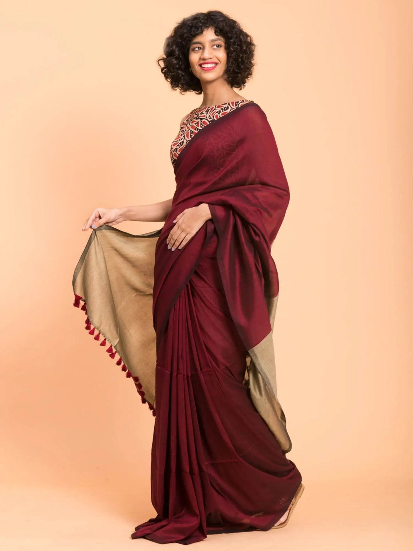 Maroon & Brown Khadi Cotton Saree