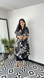 Black White Floral Printed Cotton Kurti Plazoo Set