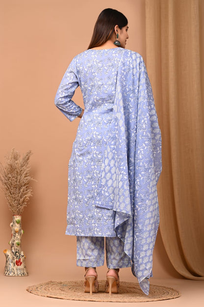 Light blue cotton printed kurti set