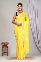 Lemon Yellow Linen Saree With Silver Border & Yellow and white Tassels
