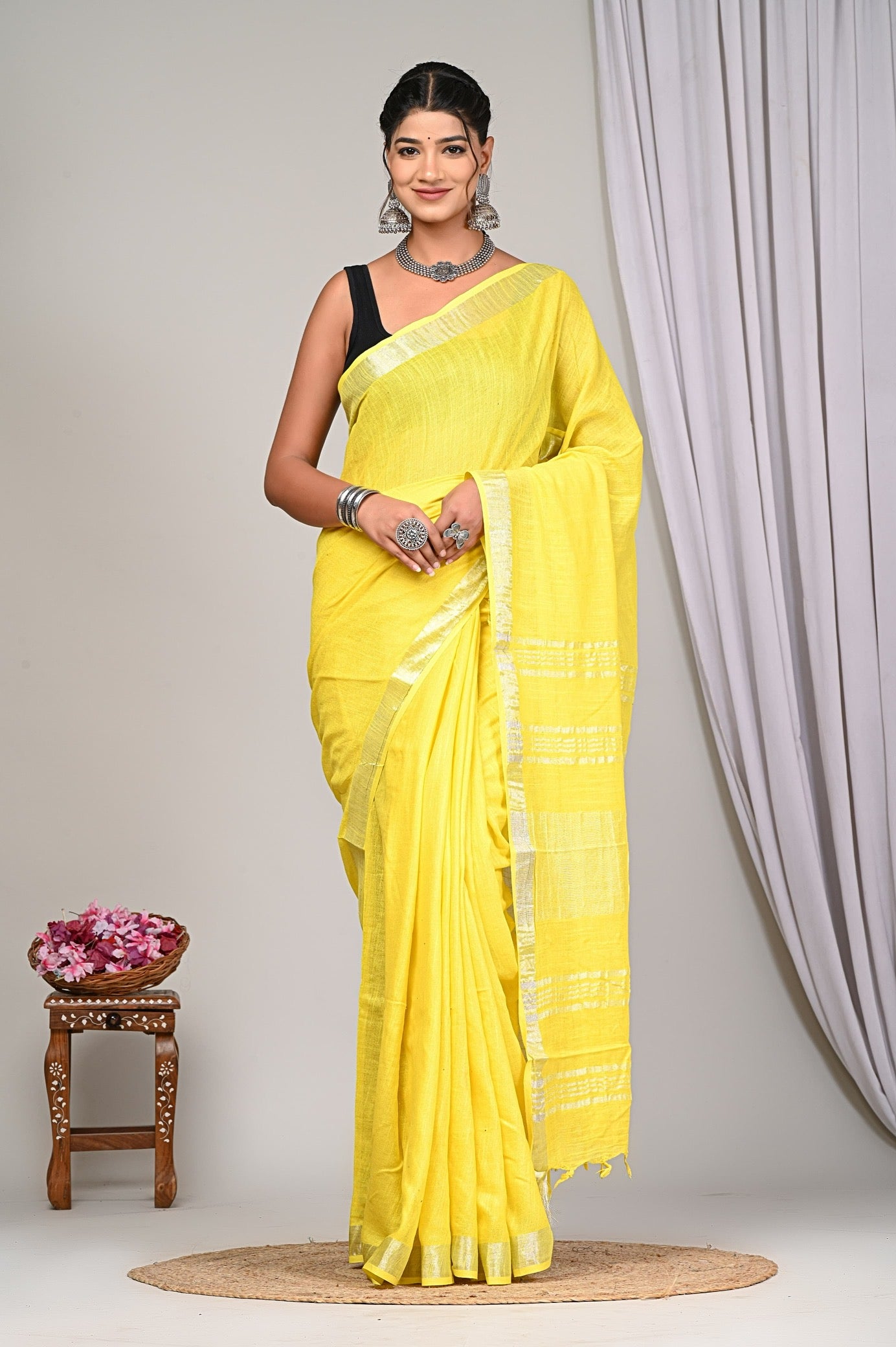 Lemon Yellow Linen Saree With Silver Border & Yellow and white Tassels