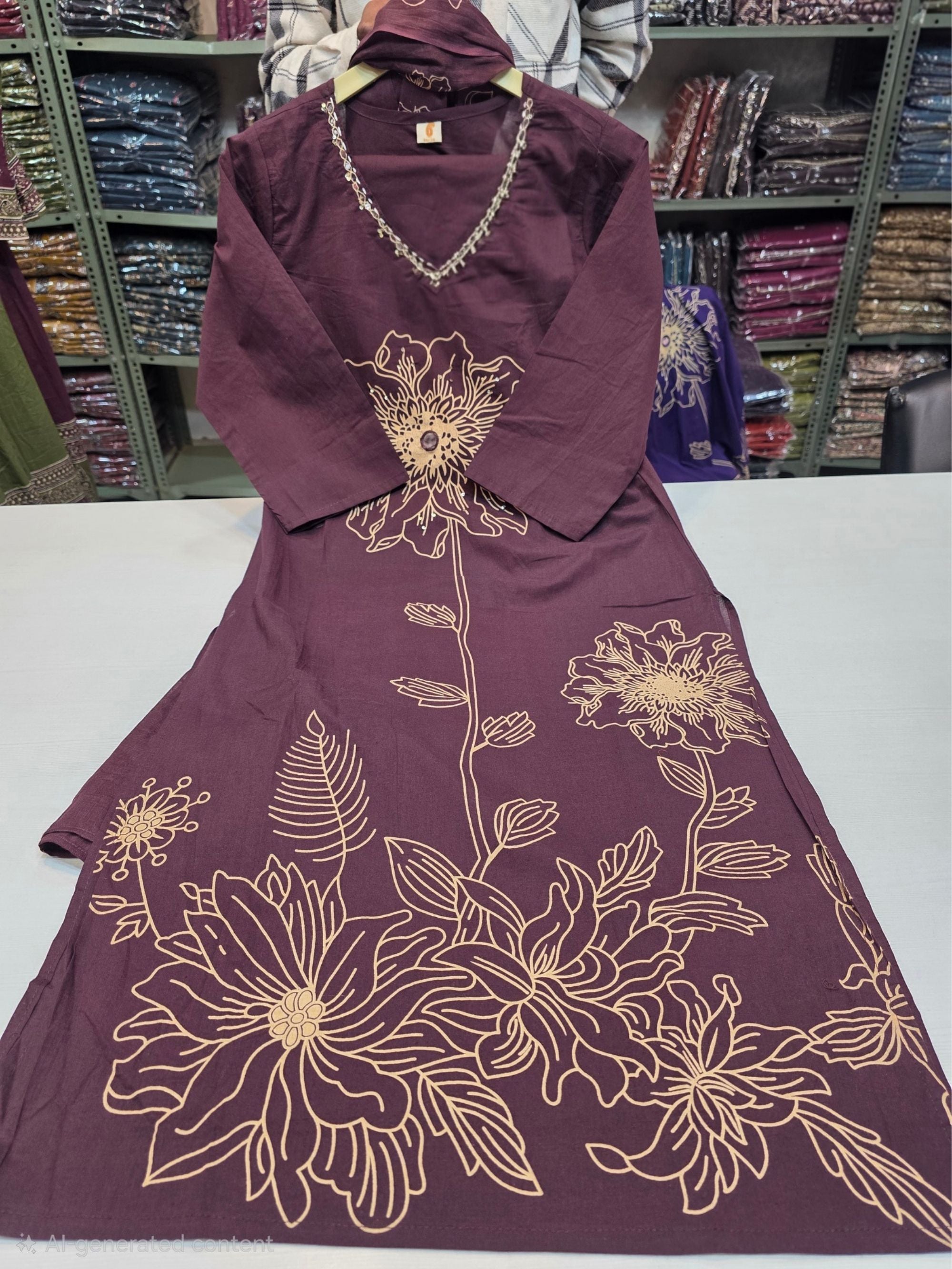 Printed Embroidered Cotton Kurti  Pants Set with Dupatta