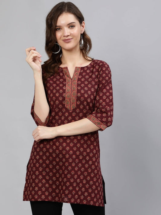 Burgundy Printed Soft Cotton Short Kurti Top