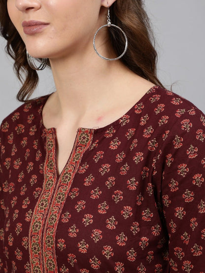 Burgundy Printed Soft Cotton Short Kurti Top