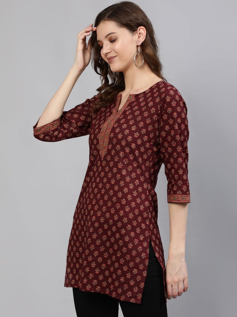 Burgundy Printed Soft Cotton Short Kurti Top