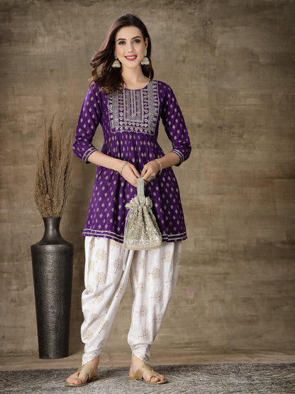 Purple & White Block Printed Rayon Kurti With Dhothi Pants
