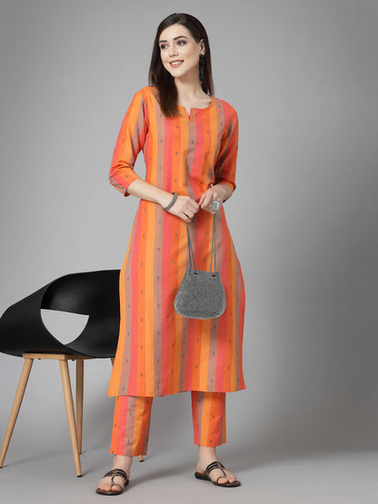 Yellow &Orange Vertical Striped Cotton Kurti With Palazzo