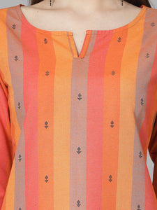 Yellow &Orange Vertical Striped Cotton Kurti With Palazzo