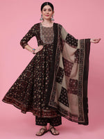 Load image into Gallery viewer, Black &amp; Maroon Block Printed Cotton Anarkali kurti  Pants with dupatta
