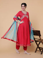 Load image into Gallery viewer, Magenta &amp; Blue Embroidered Rayon Kurti Palazzo Dupatta Set
