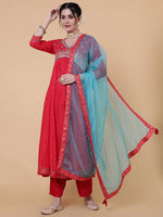 Load image into Gallery viewer, Magenta &amp; Blue Embroidered Rayon Kurti Palazzo Dupatta Set
