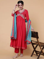 Load image into Gallery viewer, Magenta &amp; Blue Embroidered Rayon Kurti Palazzo Dupatta Set
