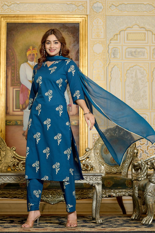 Teal Blue Printed Pure Cotton Kurti & Palazzo with Chiffon Dupatta