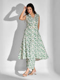 Green & White Floral Printed Rayon Co-Ord Set