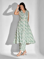 Green & White Floral Printed Rayon Co-Ord Set