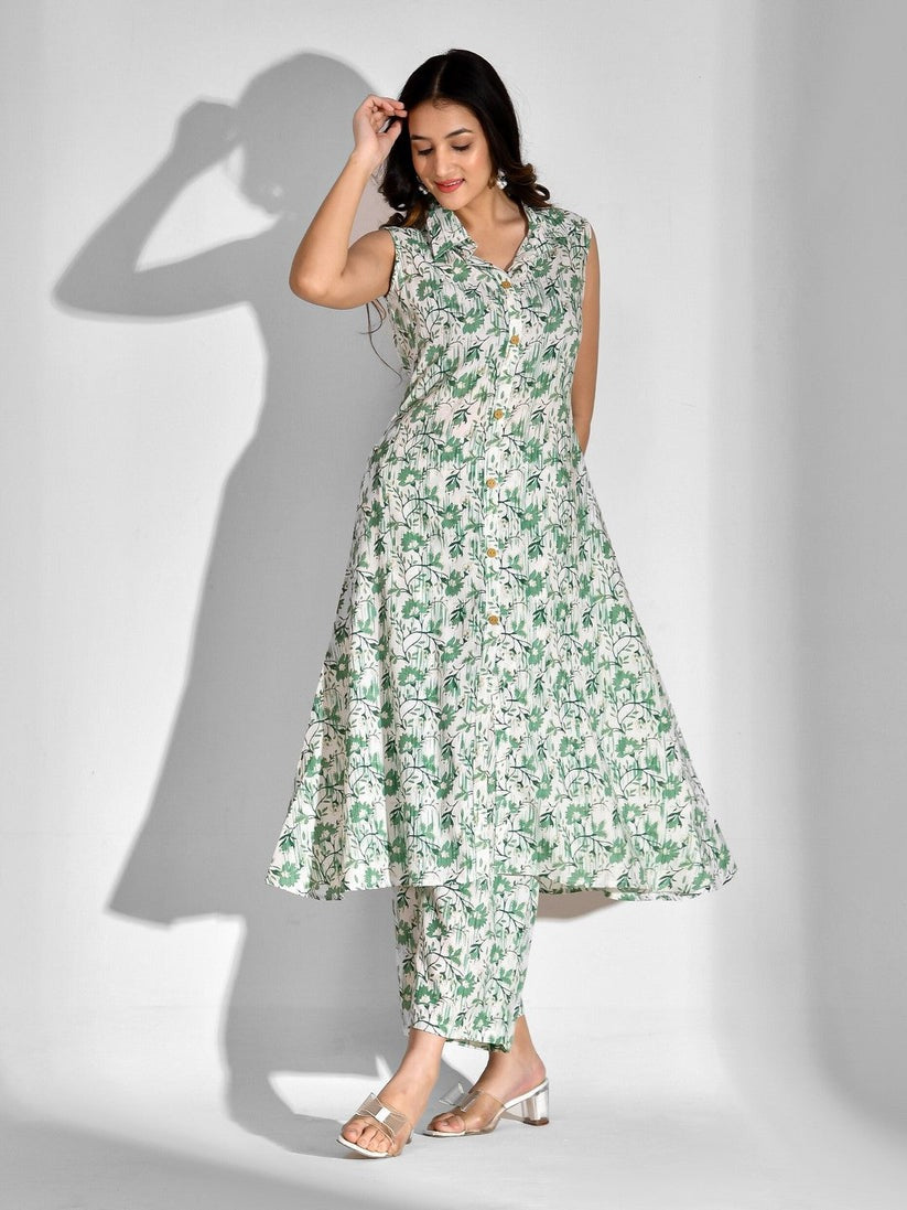 Green & White Floral Printed Rayon Co-Ord Set